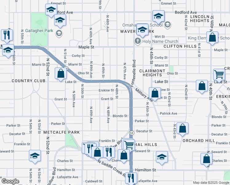 map of restaurants, bars, coffee shops, grocery stores, and more near 2311 North 48th Street in Omaha
