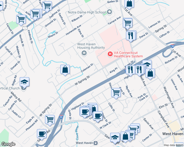 map of restaurants, bars, coffee shops, grocery stores, and more near 169 West Spring Street in West Haven