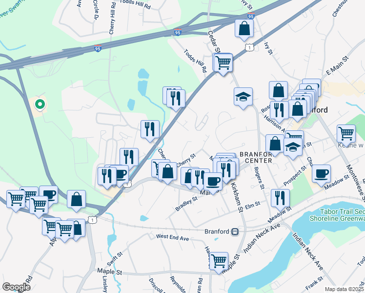 map of restaurants, bars, coffee shops, grocery stores, and more near 4 Hopkins Court in Branford