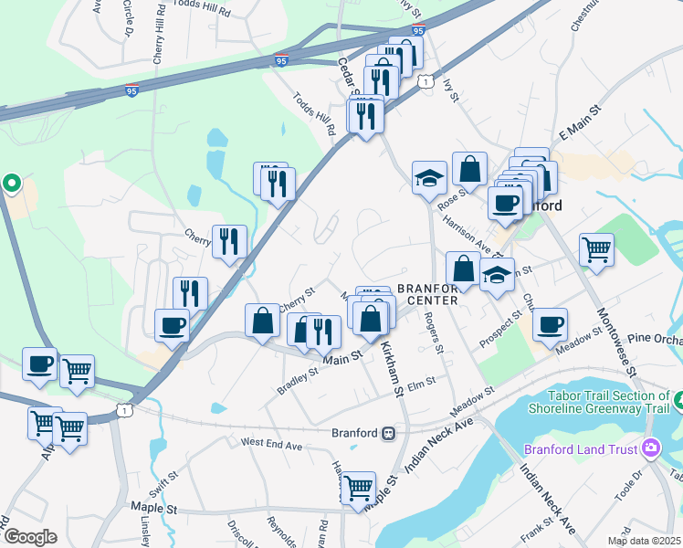 map of restaurants, bars, coffee shops, grocery stores, and more near 55 Monroe Street in Branford