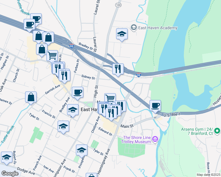 map of restaurants, bars, coffee shops, grocery stores, and more near 36 Tuttle Place in East Haven
