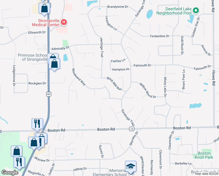 map of restaurants, bars, coffee shops, grocery stores, and more near 19286 Blue Point Drive in Strongsville