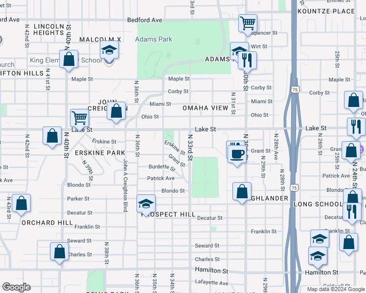 map of restaurants, bars, coffee shops, grocery stores, and more near 3353 Erskine Street in Omaha
