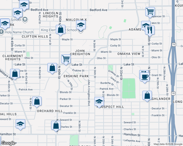 map of restaurants, bars, coffee shops, grocery stores, and more near 3614 Grant Street in Omaha