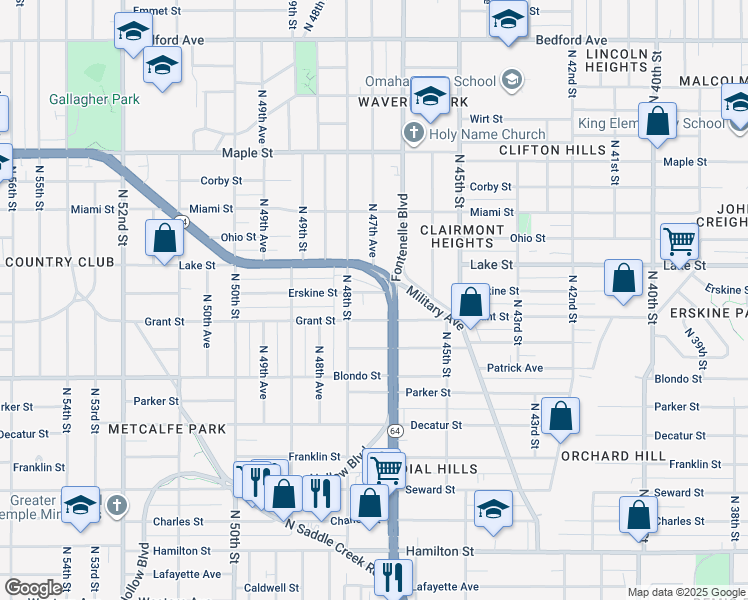map of restaurants, bars, coffee shops, grocery stores, and more near 2311 North 48th Street in Omaha