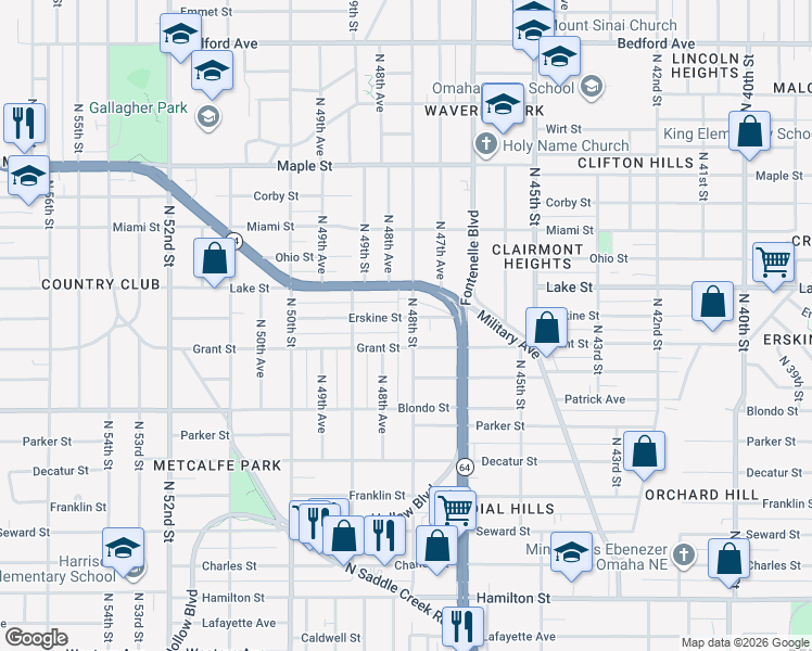 map of restaurants, bars, coffee shops, grocery stores, and more near 2311 North 48th Street in Omaha