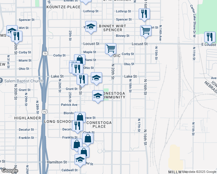 map of restaurants, bars, coffee shops, grocery stores, and more near 2025 Willis Avenue in Omaha