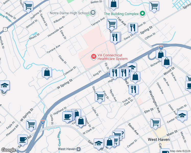 map of restaurants, bars, coffee shops, grocery stores, and more near 30 King Place in West Haven