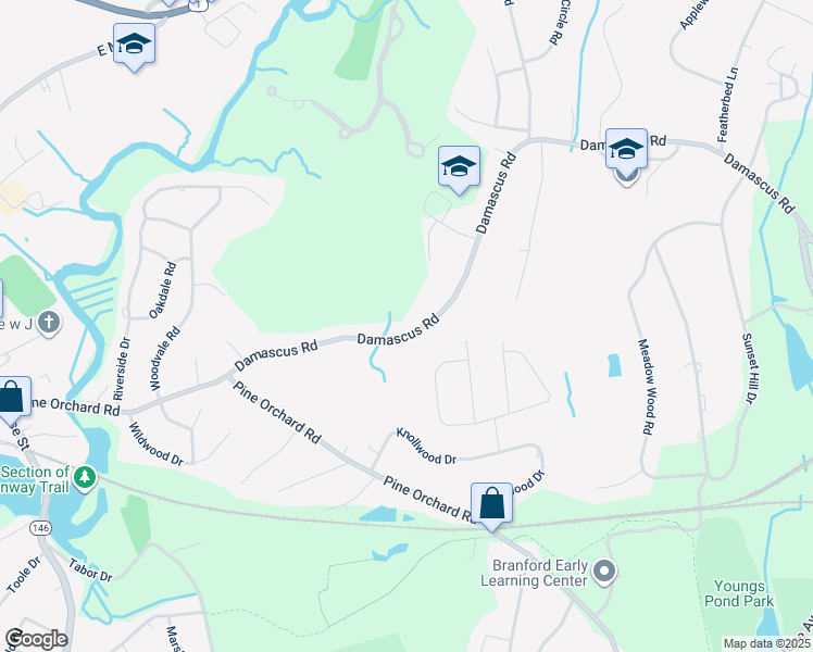 map of restaurants, bars, coffee shops, grocery stores, and more near 66 Damascus Road in Branford