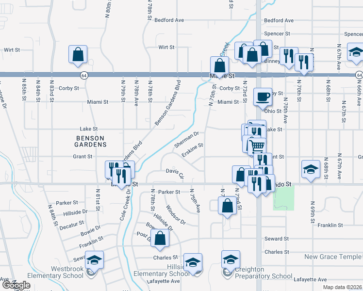 map of restaurants, bars, coffee shops, grocery stores, and more near 7533 Erskine Street in Omaha