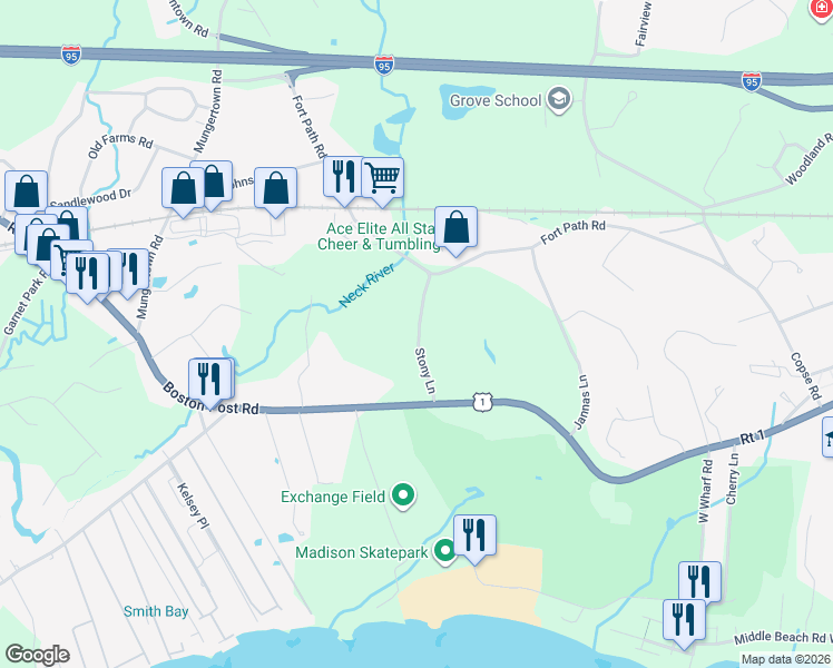 map of restaurants, bars, coffee shops, grocery stores, and more near 30 Stony Lane in Madison