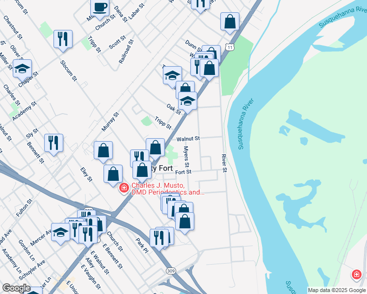 map of restaurants, bars, coffee shops, grocery stores, and more near 15 Meyers Court in Forty Fort