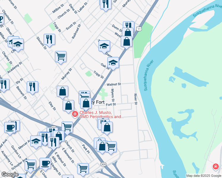 map of restaurants, bars, coffee shops, grocery stores, and more near 15 Meyers Court in Forty Fort