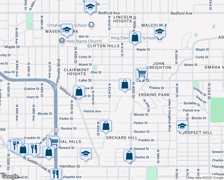 map of restaurants, bars, coffee shops, grocery stores, and more near 4204 Grant Street in Omaha