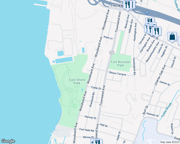 map of restaurants, bars, coffee shops, grocery stores, and more near 410 Woodward Avenue in New Haven