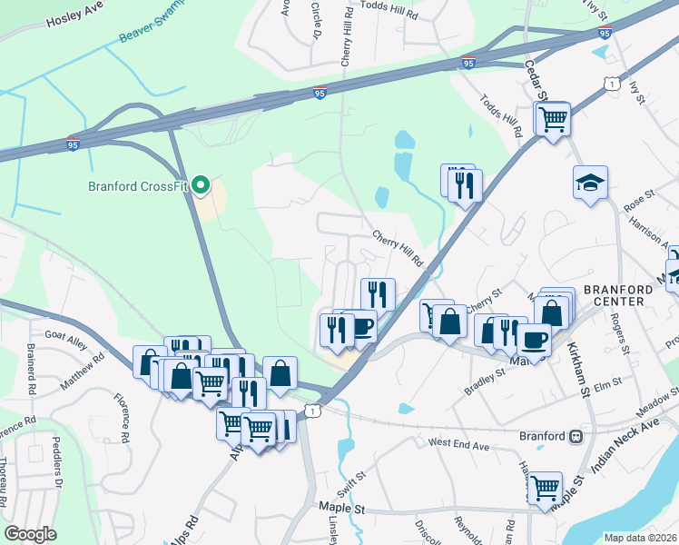 map of restaurants, bars, coffee shops, grocery stores, and more near 127 Montoya Drive in Branford