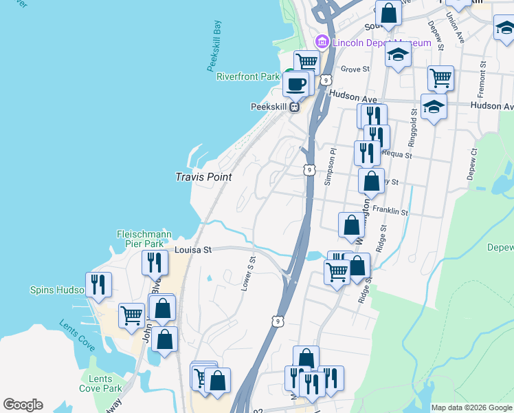 map of restaurants, bars, coffee shops, grocery stores, and more near 136 South Street in Peekskill