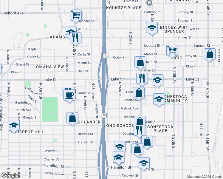 map of restaurants, bars, coffee shops, grocery stores, and more near 2302 North 27th Street in Omaha