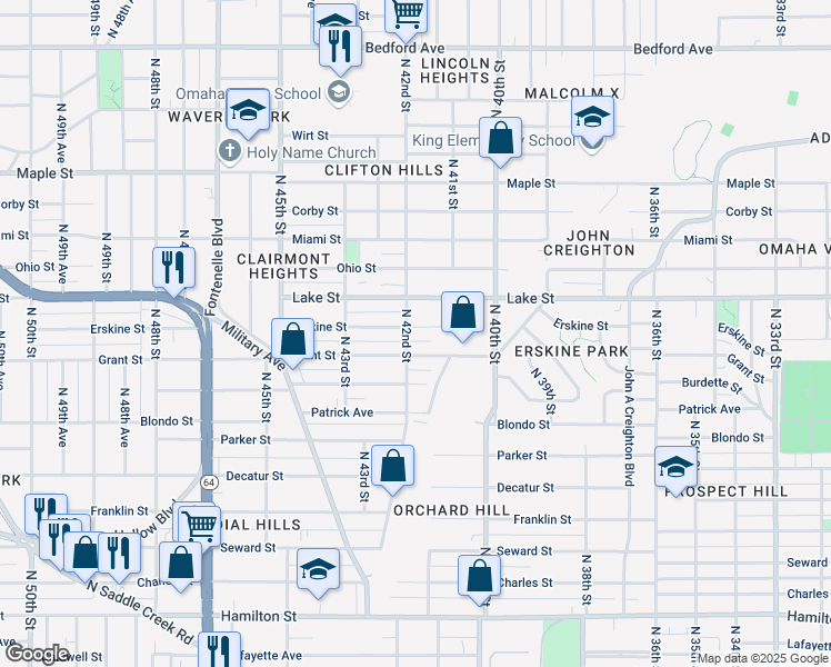 map of restaurants, bars, coffee shops, grocery stores, and more near 4204 Grant Street in Omaha