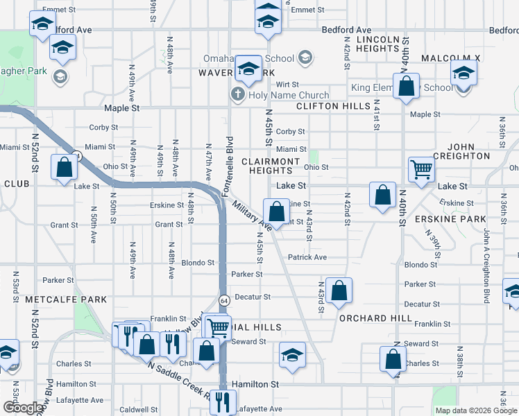 map of restaurants, bars, coffee shops, grocery stores, and more near 2301 North 45th Street in Omaha