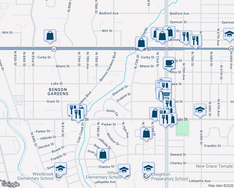 map of restaurants, bars, coffee shops, grocery stores, and more near 7533 Erskine Street in Omaha
