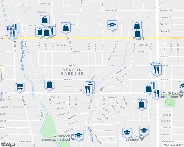map of restaurants, bars, coffee shops, grocery stores, and more near 2306 North 79th Street in Omaha