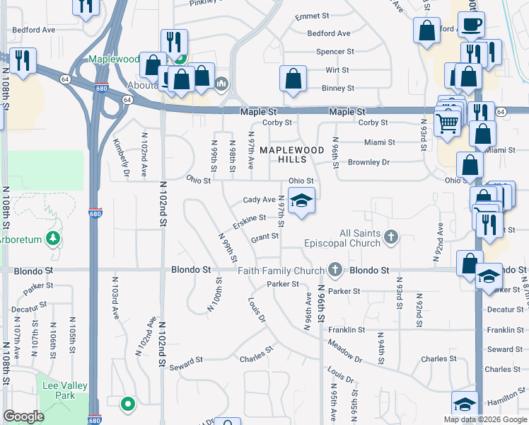 map of restaurants, bars, coffee shops, grocery stores, and more near 9729 Erskine Street in Omaha