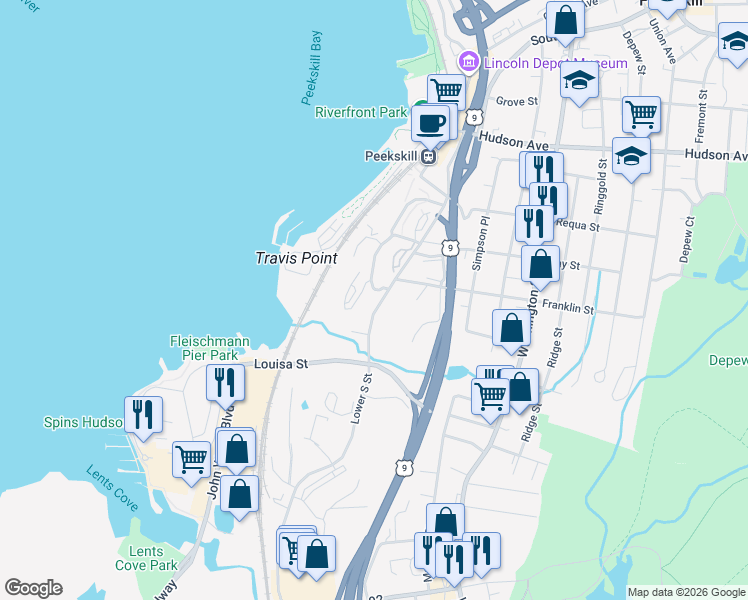 map of restaurants, bars, coffee shops, grocery stores, and more near 136 South Street in Peekskill