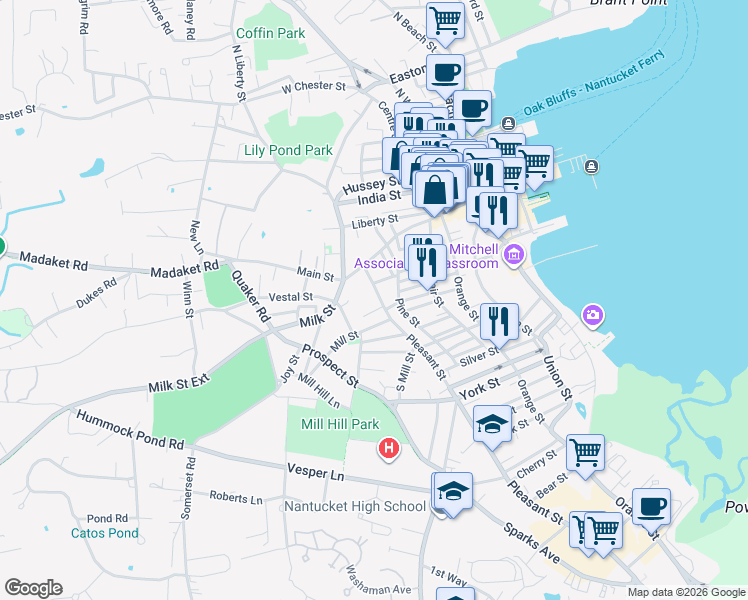 map of restaurants, bars, coffee shops, grocery stores, and more near 5 Starbuck Court in Nantucket