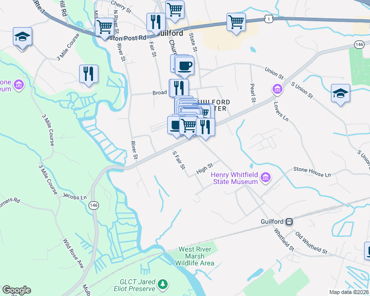 map of restaurants, bars, coffee shops, grocery stores, and more near 22 South Fair Street in Guilford