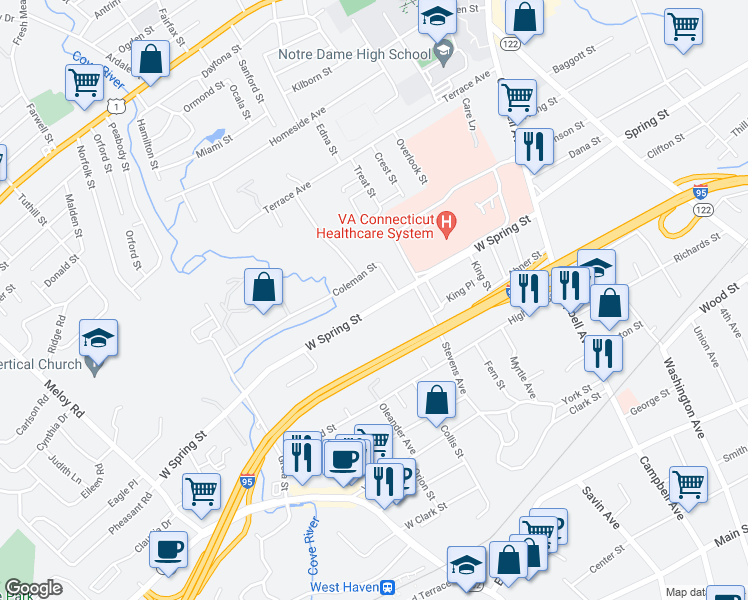 map of restaurants, bars, coffee shops, grocery stores, and more near 169-171 West Spring Street in West Haven