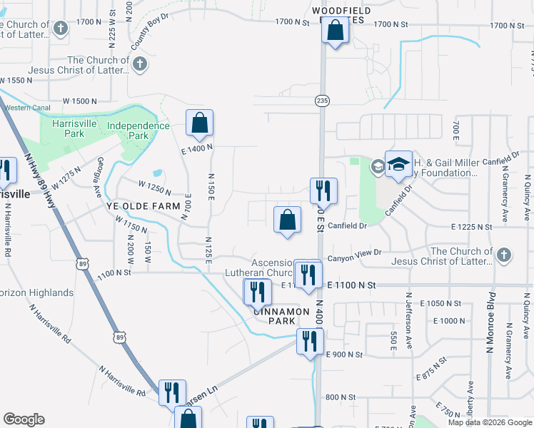 map of restaurants, bars, coffee shops, grocery stores, and more near 1162 North 240 East in Harrisville
