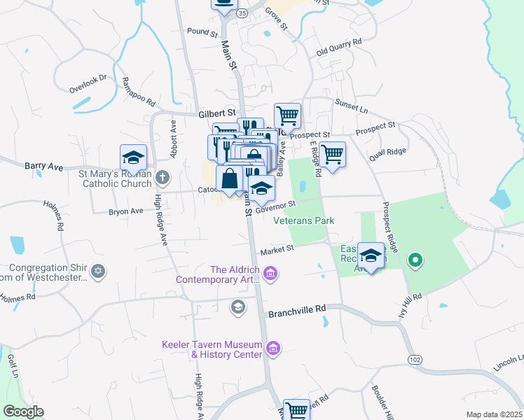 map of restaurants, bars, coffee shops, grocery stores, and more near 8 Governor Street in Ridgefield