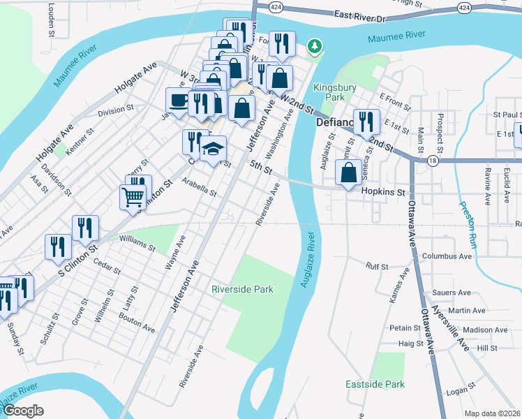 map of restaurants, bars, coffee shops, grocery stores, and more near 649 Riverside Avenue in Defiance