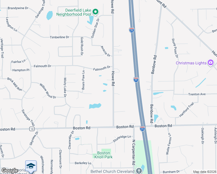 map of restaurants, bars, coffee shops, grocery stores, and more near 19250 Howe Road in Strongsville