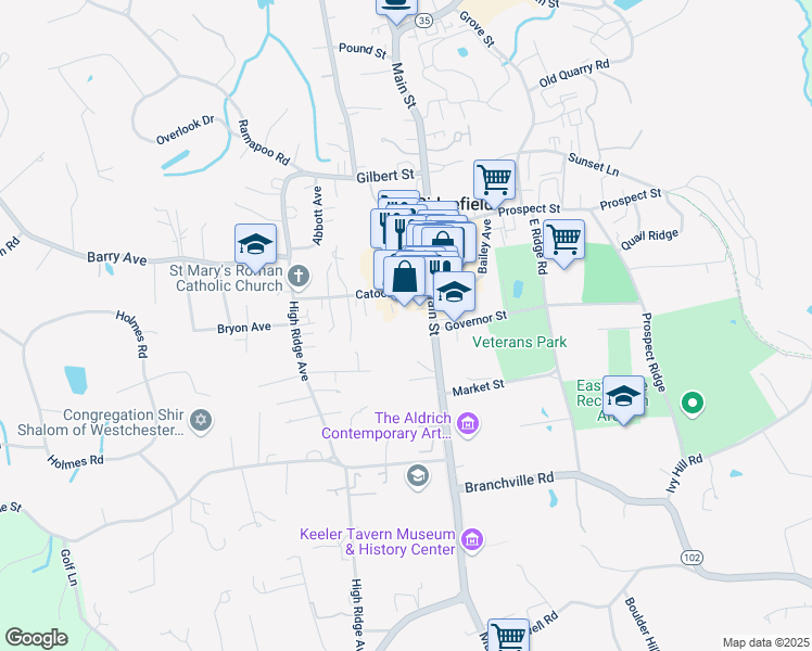 map of restaurants, bars, coffee shops, grocery stores, and more near 353 Main Street in Ridgefield