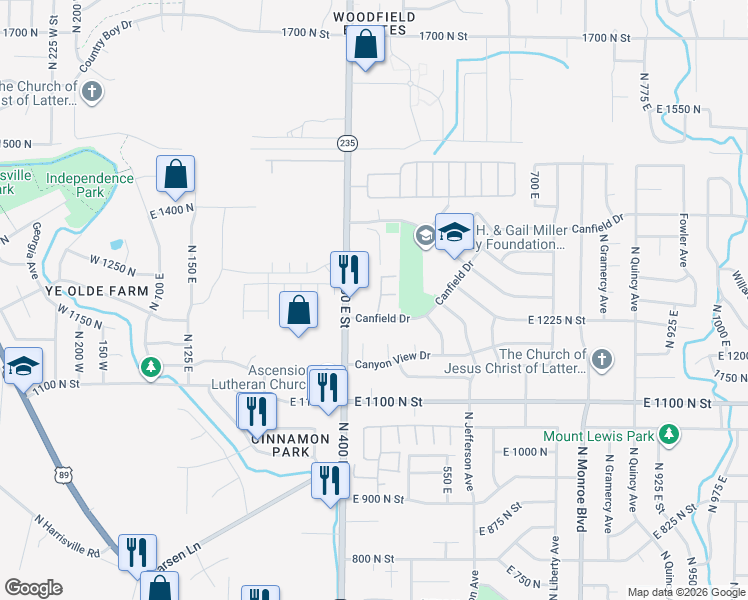 map of restaurants, bars, coffee shops, grocery stores, and more near 454 Canfield Drive in Ogden