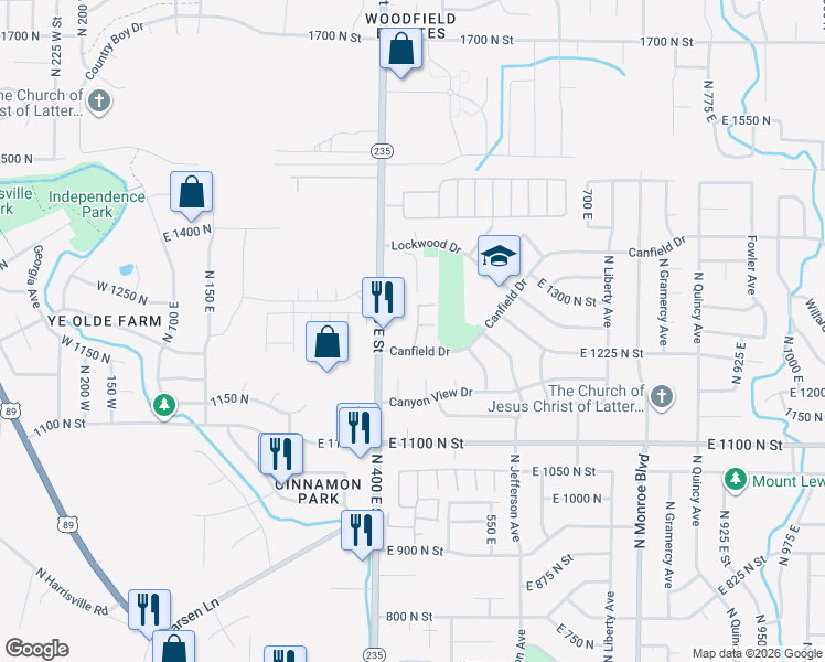 map of restaurants, bars, coffee shops, grocery stores, and more near 1259 North 450 East Street in Ogden
