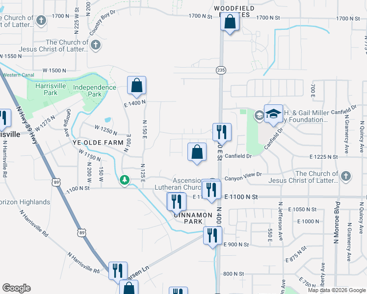 map of restaurants, bars, coffee shops, grocery stores, and more near 1248 North 275 East in Harrisville