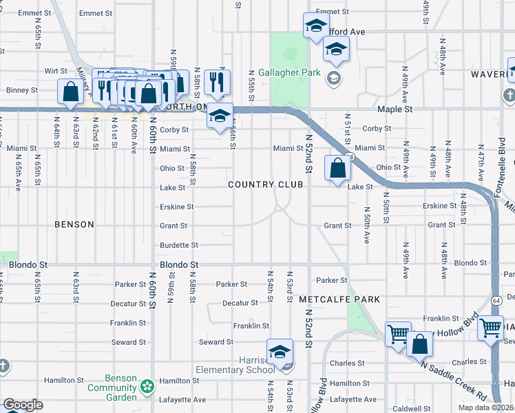 map of restaurants, bars, coffee shops, grocery stores, and more near 2307 North 55th Street in Omaha