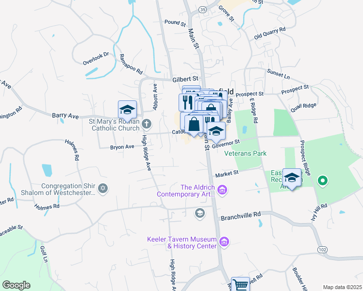 map of restaurants, bars, coffee shops, grocery stores, and more near 353 Main Street in Ridgefield
