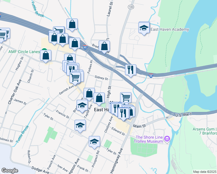 map of restaurants, bars, coffee shops, grocery stores, and more near 57 High Street in East Haven