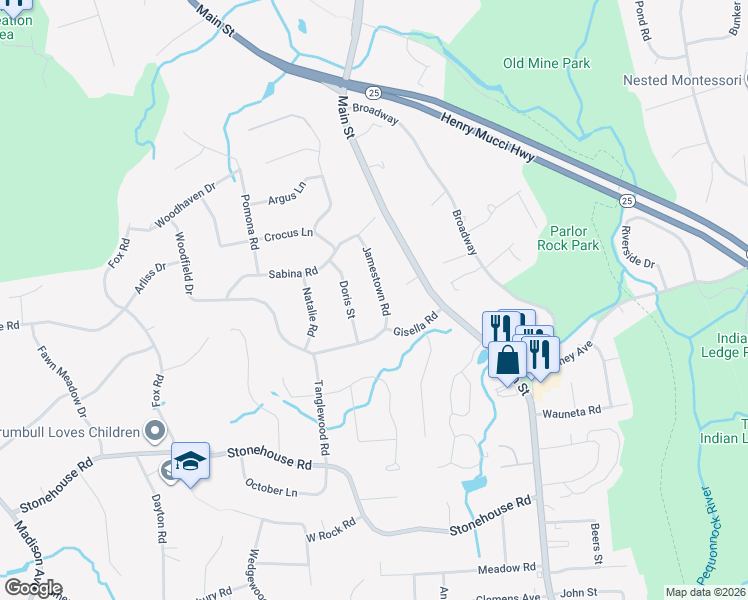 map of restaurants, bars, coffee shops, grocery stores, and more near 12 Doris Street in Trumbull