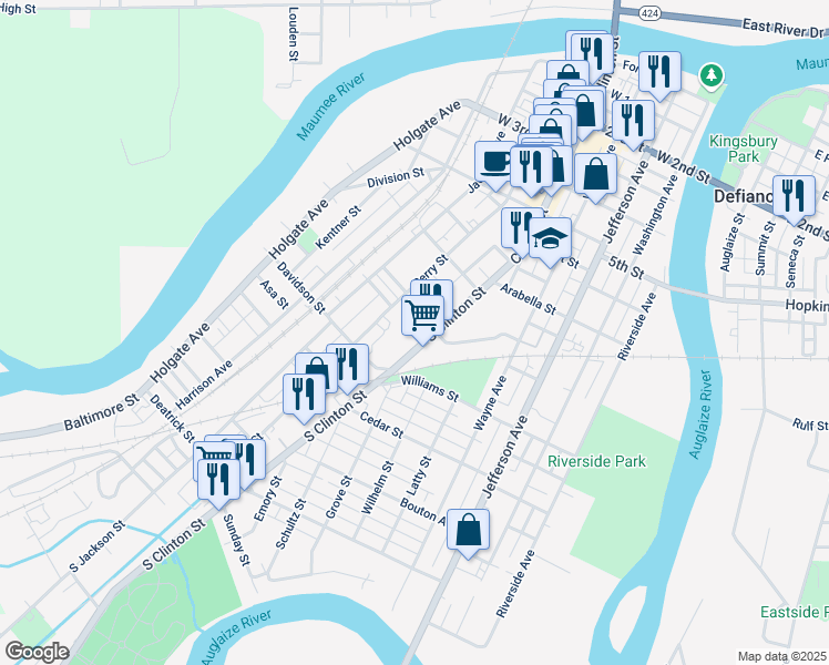 map of restaurants, bars, coffee shops, grocery stores, and more near 872 S Clinton St in Defiance