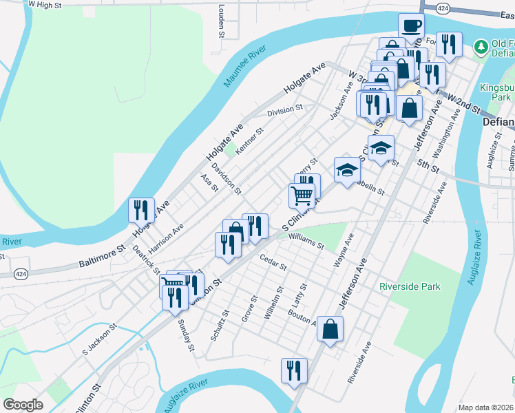 map of restaurants, bars, coffee shops, grocery stores, and more near 618 Davidson Street in Defiance