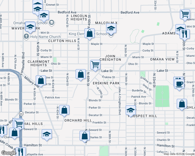 map of restaurants, bars, coffee shops, grocery stores, and more near 3863 Grant Street in Omaha