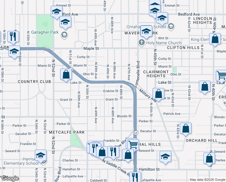 map of restaurants, bars, coffee shops, grocery stores, and more near 4822 Grant Street in Omaha