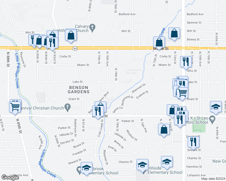 map of restaurants, bars, coffee shops, grocery stores, and more near 2301 Benson Gardens Boulevard in Omaha