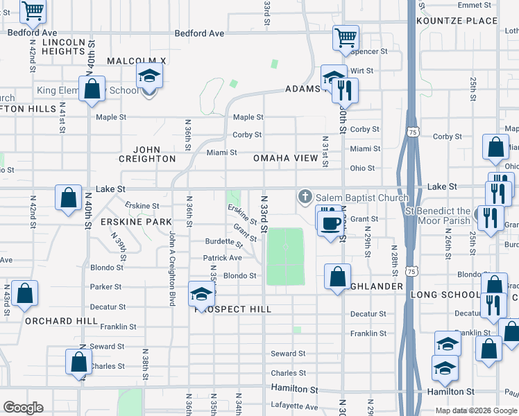 map of restaurants, bars, coffee shops, grocery stores, and more near 2424 North 33rd Street in Omaha