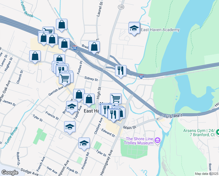map of restaurants, bars, coffee shops, grocery stores, and more near 36 Tuttle Pl in East Haven